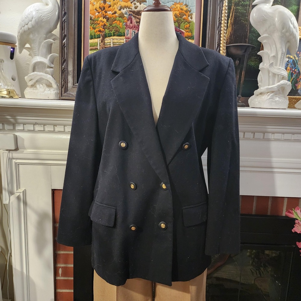 Vintage Pendleton Black Wool Double Breasted Blazer Gold Crest Buttons USA 14